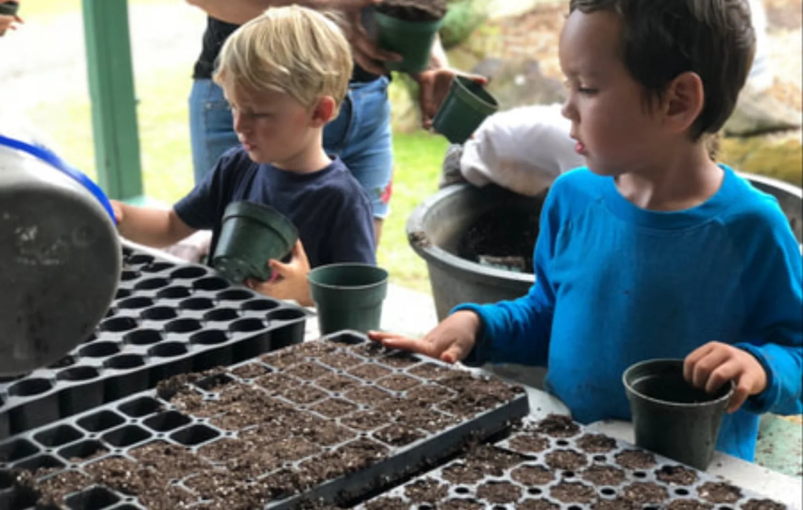 Children filling seed trays at Yogarden