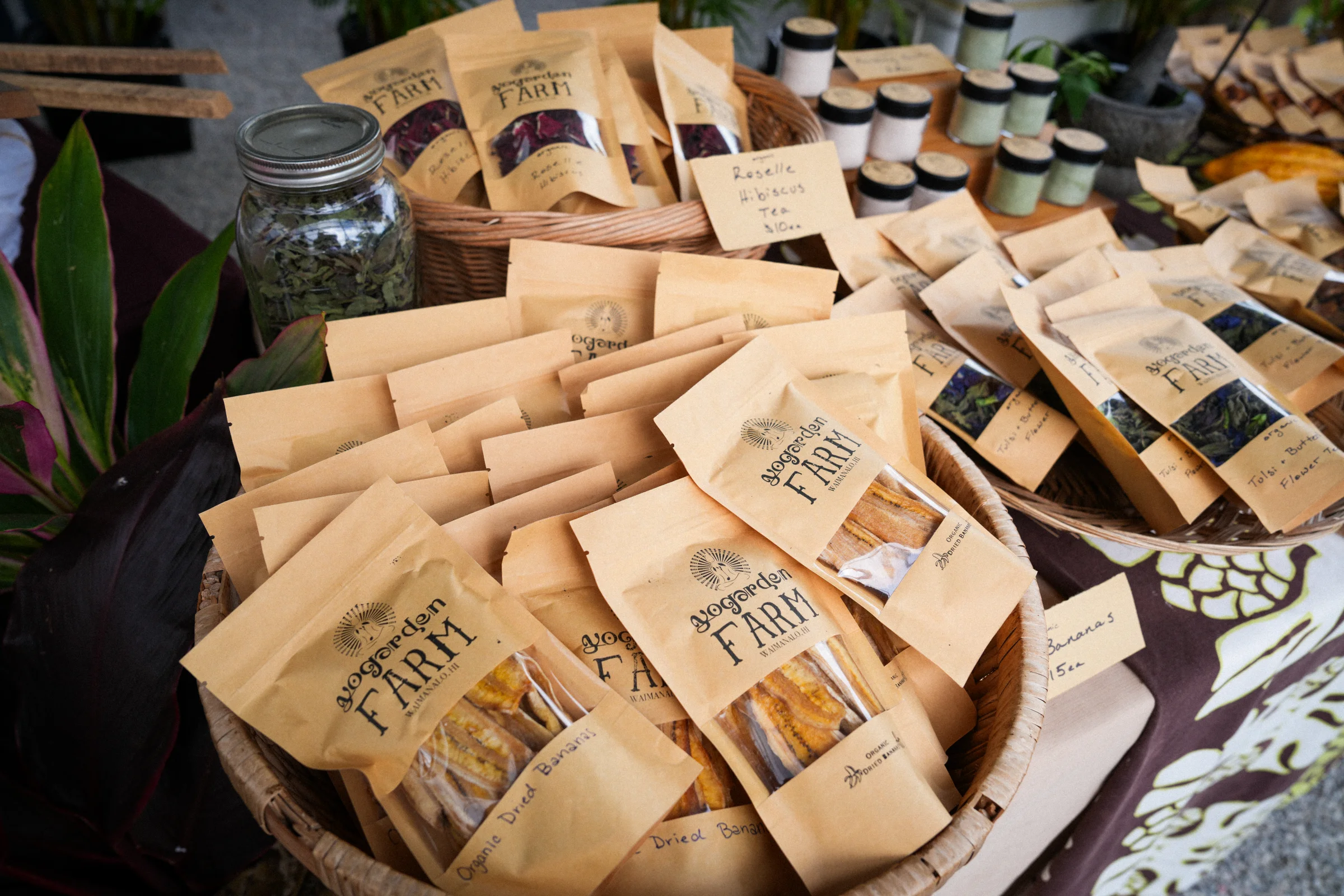 Yogarden packaged teas, dried fruit, and farm goods